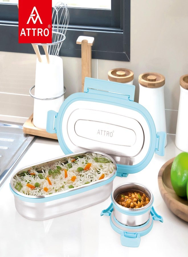 Attro Oval Stainless Steel Lunch Box with 1 Small Box Compact Design Airtight Leak Proof Lunch Box for Office, School, Picnic-650Ml+100Ml Blue - Image 5